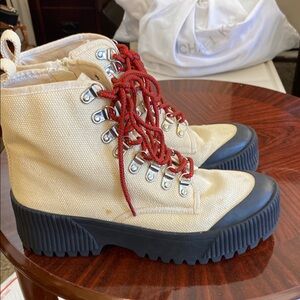 Jeffrey Campbell Beige and Red Lace-Up Combat  Boots 8.5